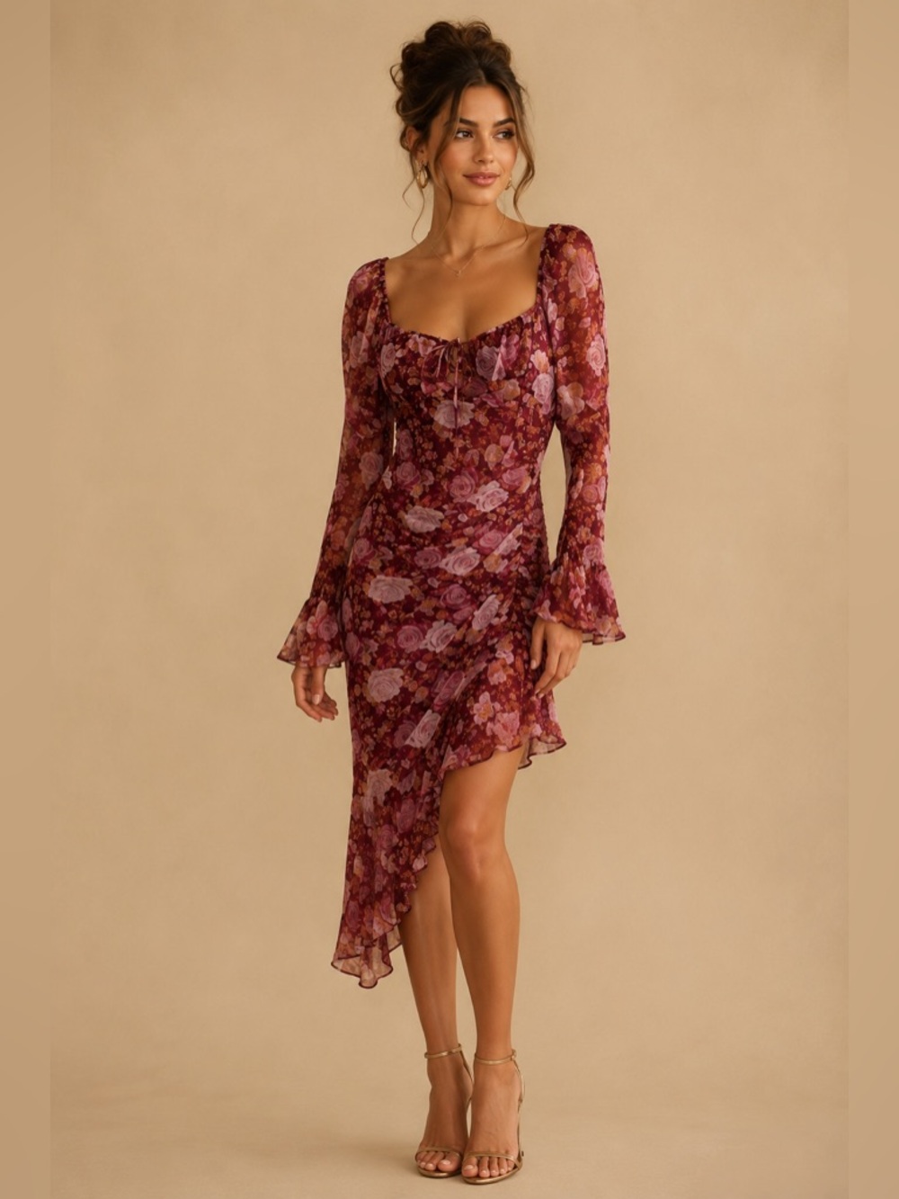 WAYF Rosie Smocked Long Puff Sleeve Dress NEW Medium Asymmetrical Hem Burgundy